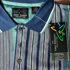 NWT Vintage Greg Norman Collection Teal and Navy Striped Golf Polo